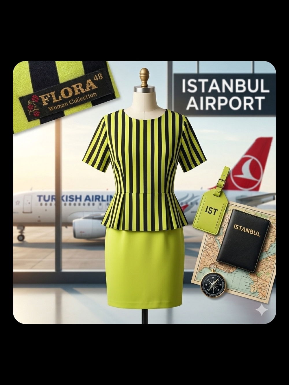 FLORA Turkey Neon Lime Green Midi Dress Size 14 L